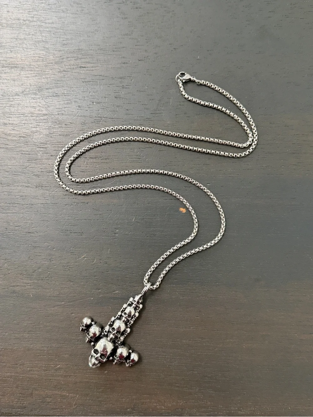 Skulls upside down cross silver necklace